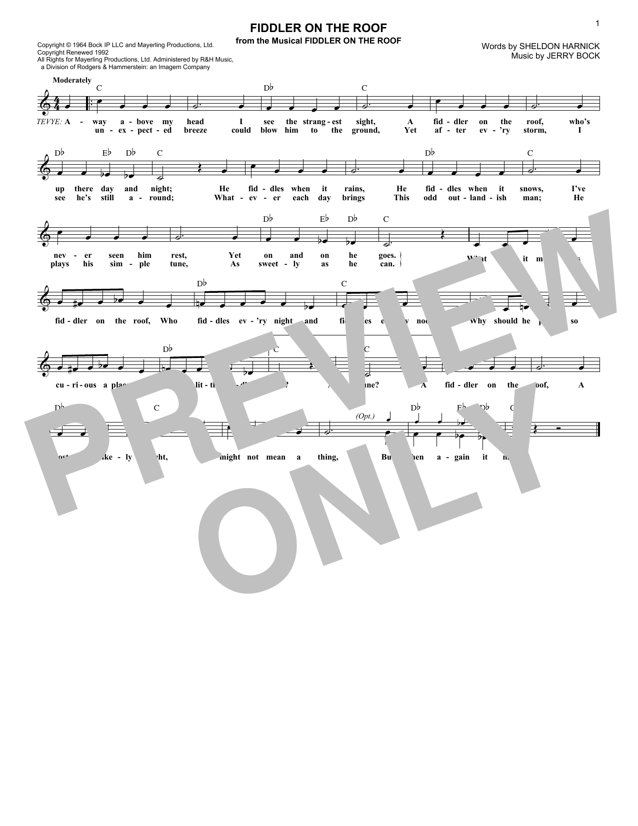 Sheldon Harnick Fiddler On The Roof Sheet Music Notes & Chords for Melody Line, Lyrics & Chords - Download or Print PDF