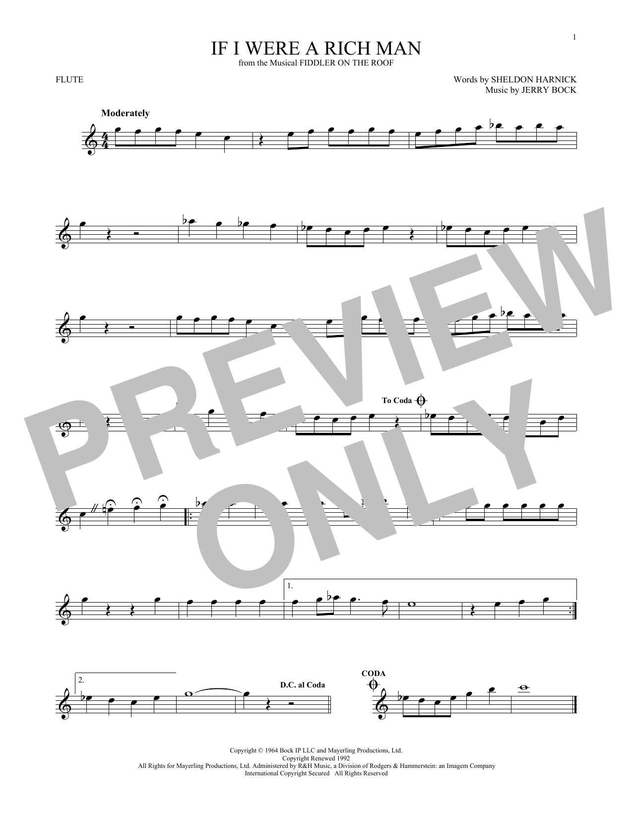Sheldon Harnick If I Were A Rich Man Sheet Music Notes & Chords for Flute - Download or Print PDF