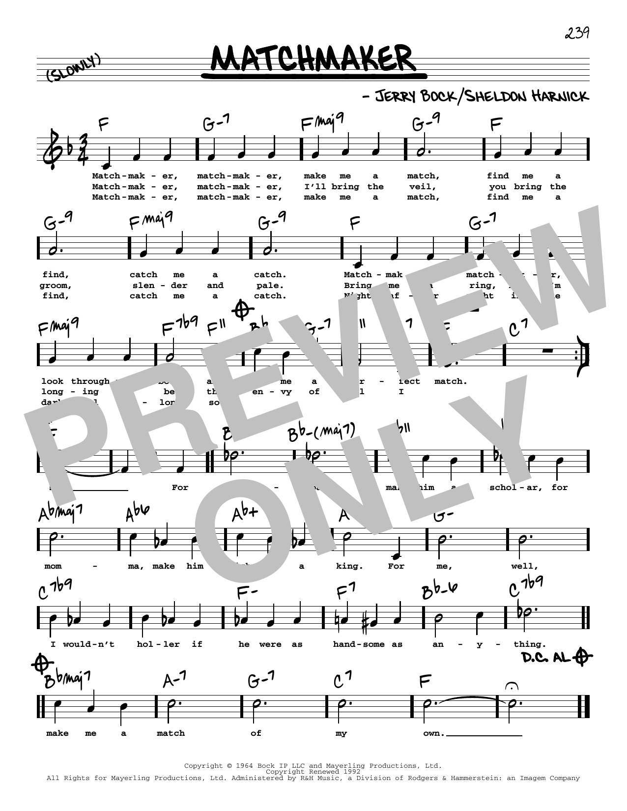Sheldon Harnick Matchmaker (High Voice) (from Fiddler On The Roof) Sheet Music Notes & Chords for Real Book – Melody, Lyrics & Chords - Download or Print PDF