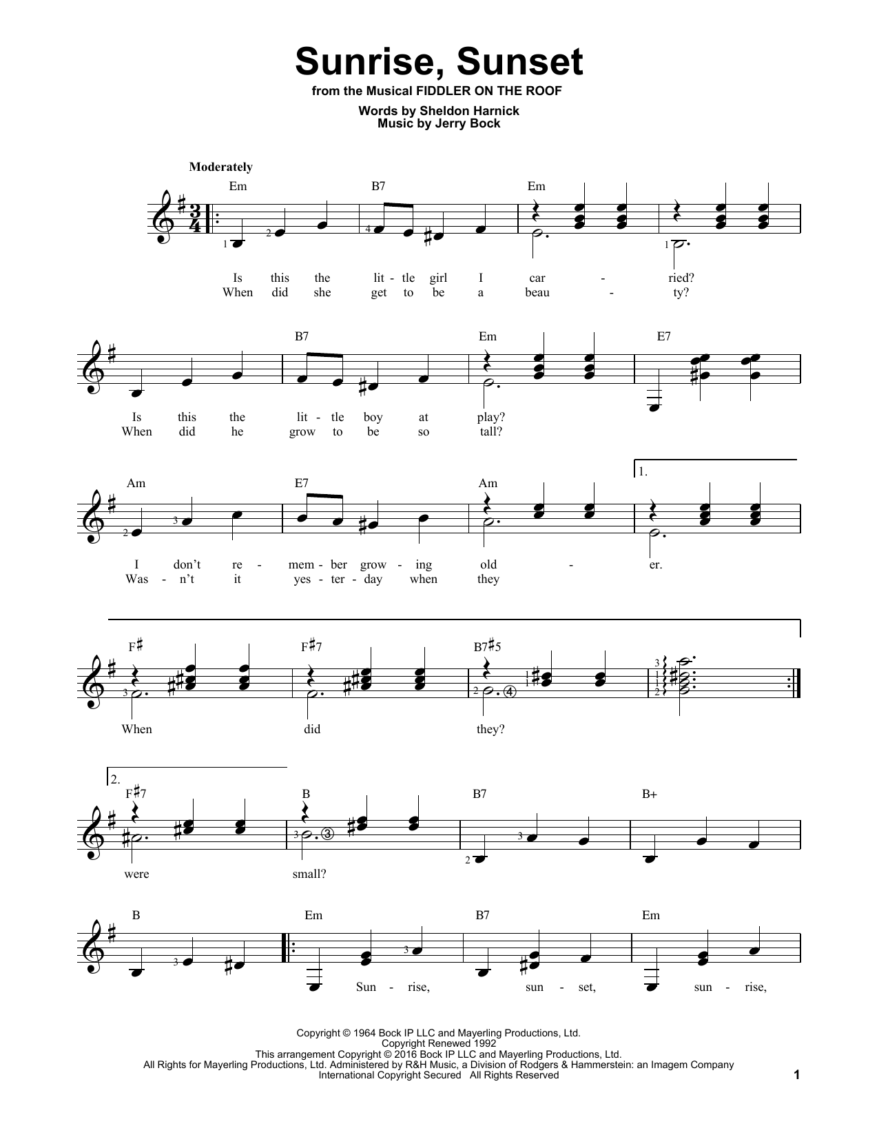 Sheldon Harnick Sunrise, Sunset Sheet Music Notes & Chords for Easy Guitar - Download or Print PDF