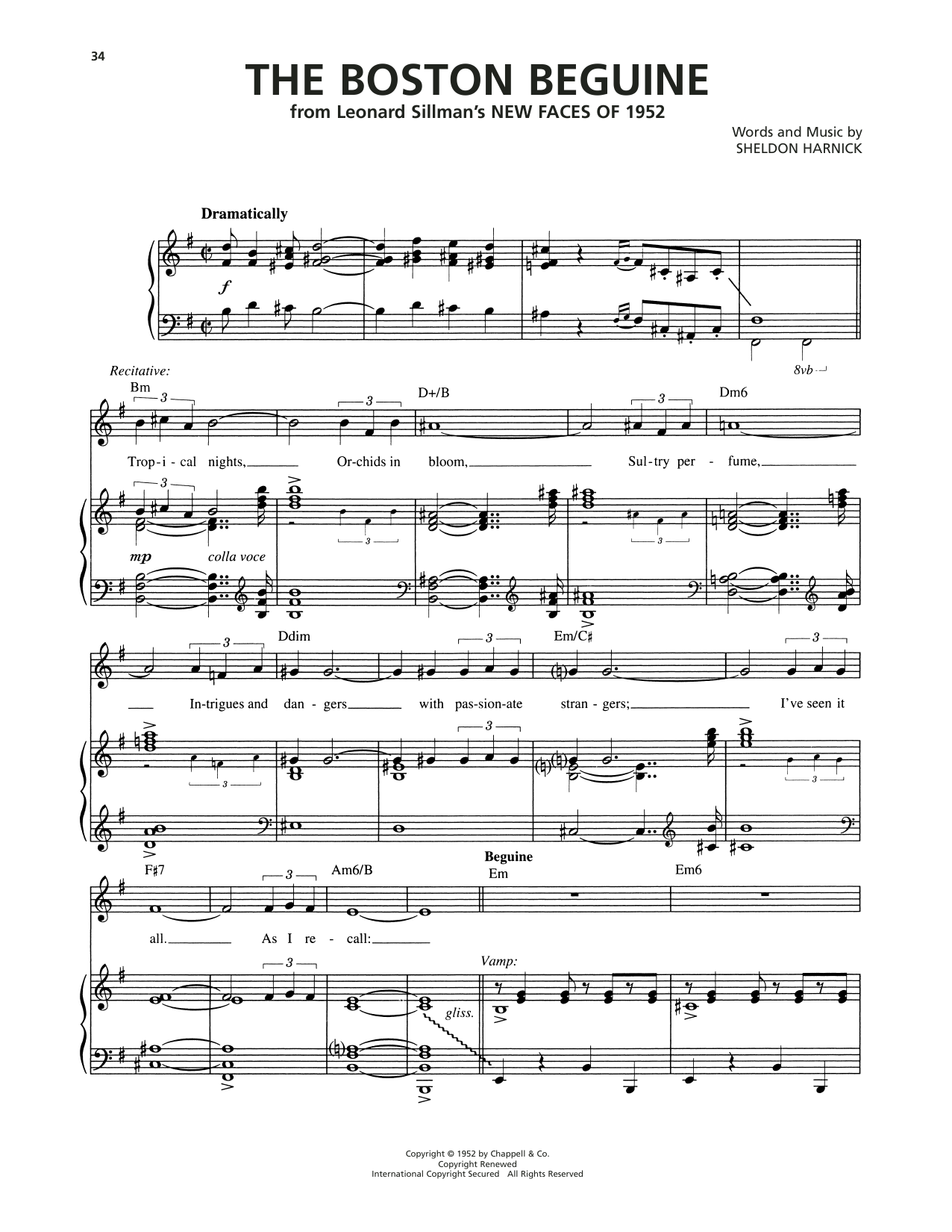 Sheldon Harnick The Boston Beguine (from New Faces of 1952) Sheet Music Notes & Chords for Piano, Vocal & Guitar Chords (Right-Hand Melody) - Download or Print PDF Sheldon Harnick The Boston Beguine (from New Faces of 1952) Sheet Music Notes & Chords for Piano, Vocal & Guitar Chords (Right-Hand Melody) - Download or Print PDF