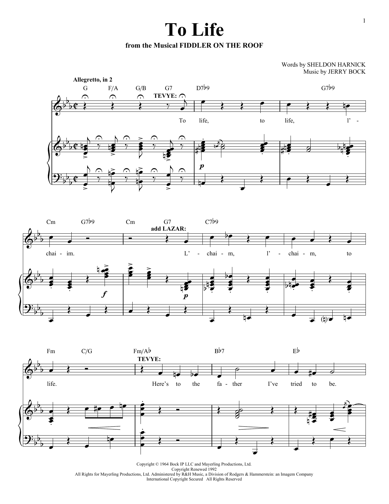 Sheldon Harnick To Life Sheet Music Notes & Chords for Voice - Download or Print PDF
