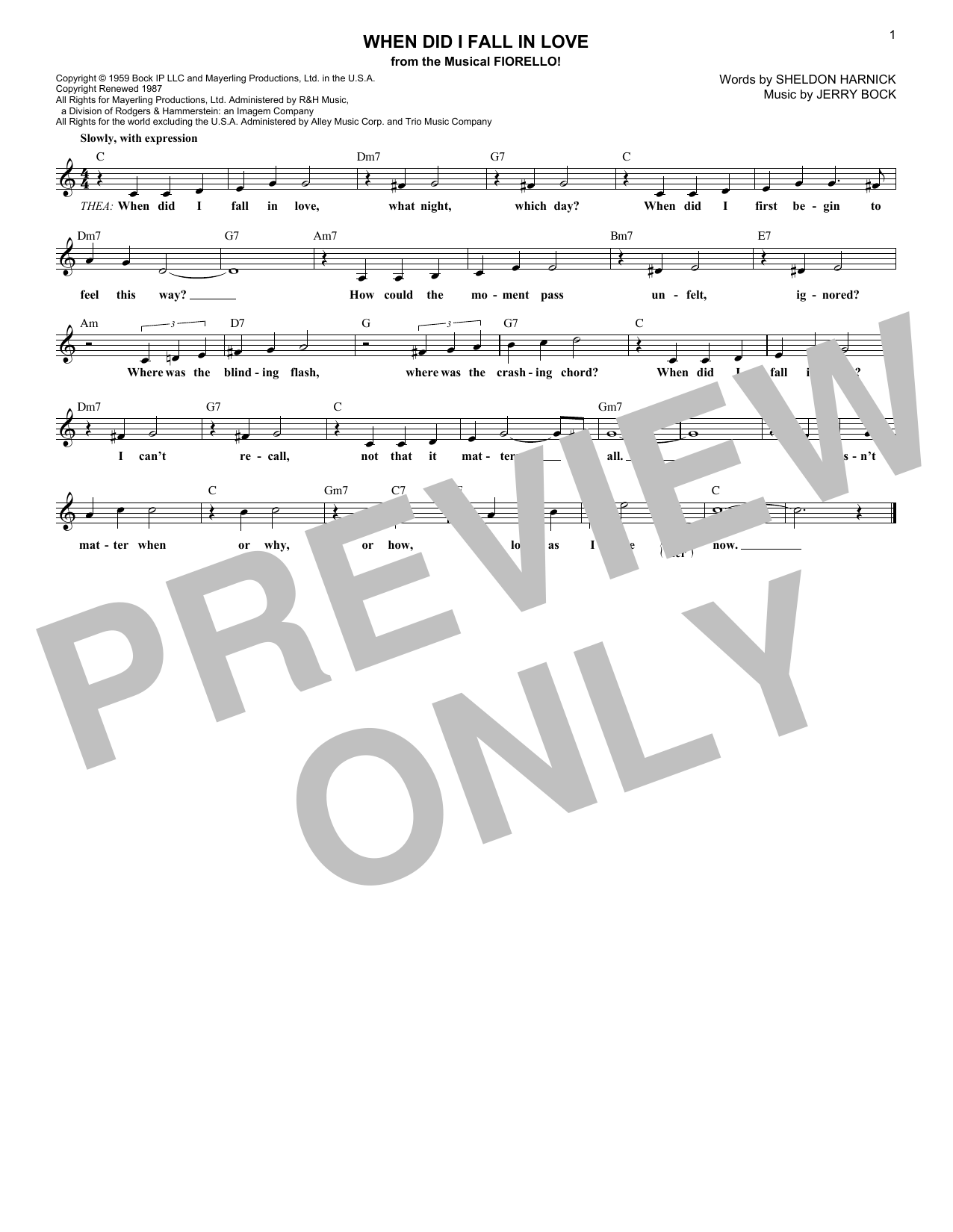 Sheldon Harnick When Did I Fall In Love Sheet Music Notes & Chords for Melody Line, Lyrics & Chords - Download or Print PDF