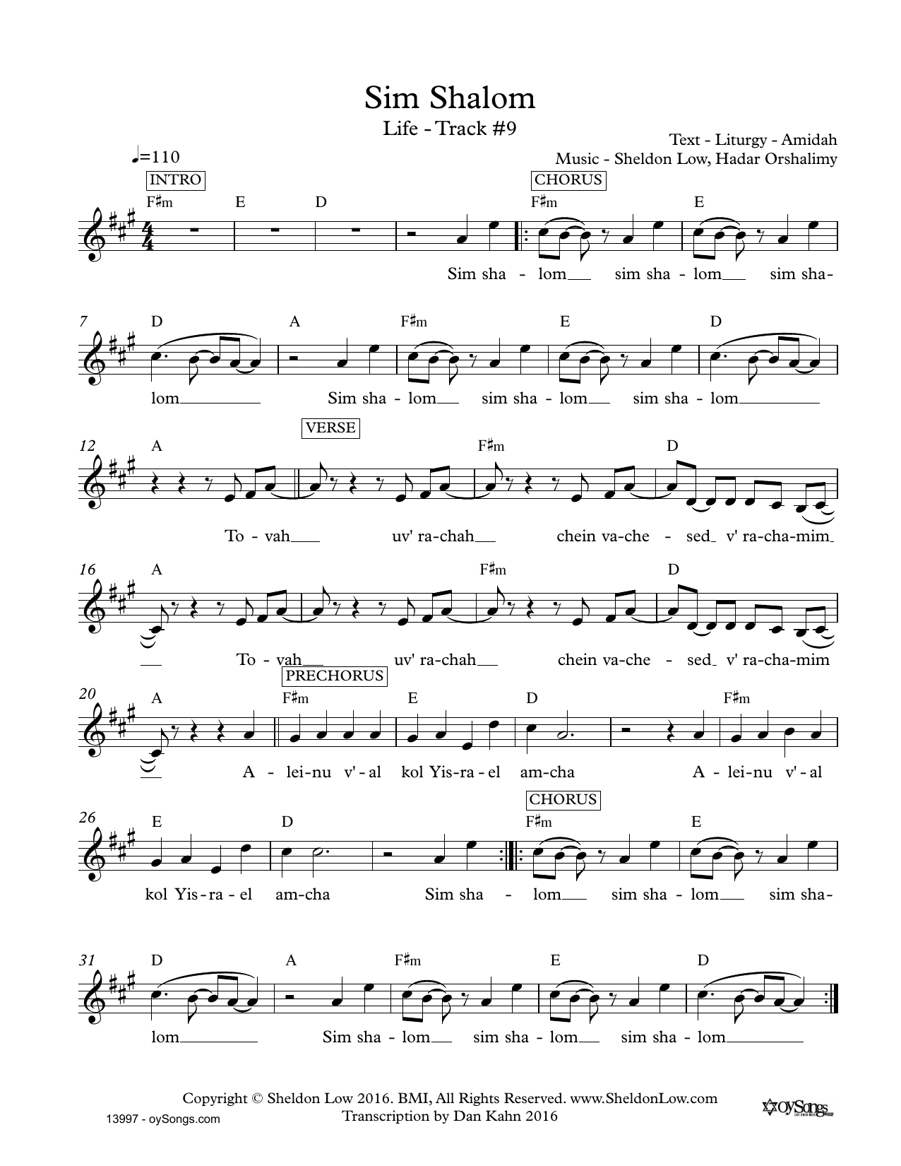 Sheldon Low Sim Shalom Sheet Music Notes & Chords for Lead Sheet / Fake Book - Download or Print PDF