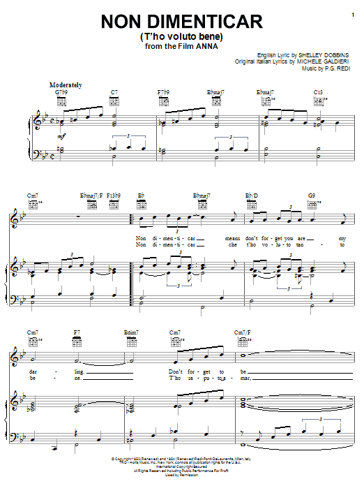 Shelley Dobbins Non Dimenticar (T'ho Voluto Bene) Sheet Music Notes & Chords for Piano, Vocal & Guitar (Right-Hand Melody) - Download or Print PDF