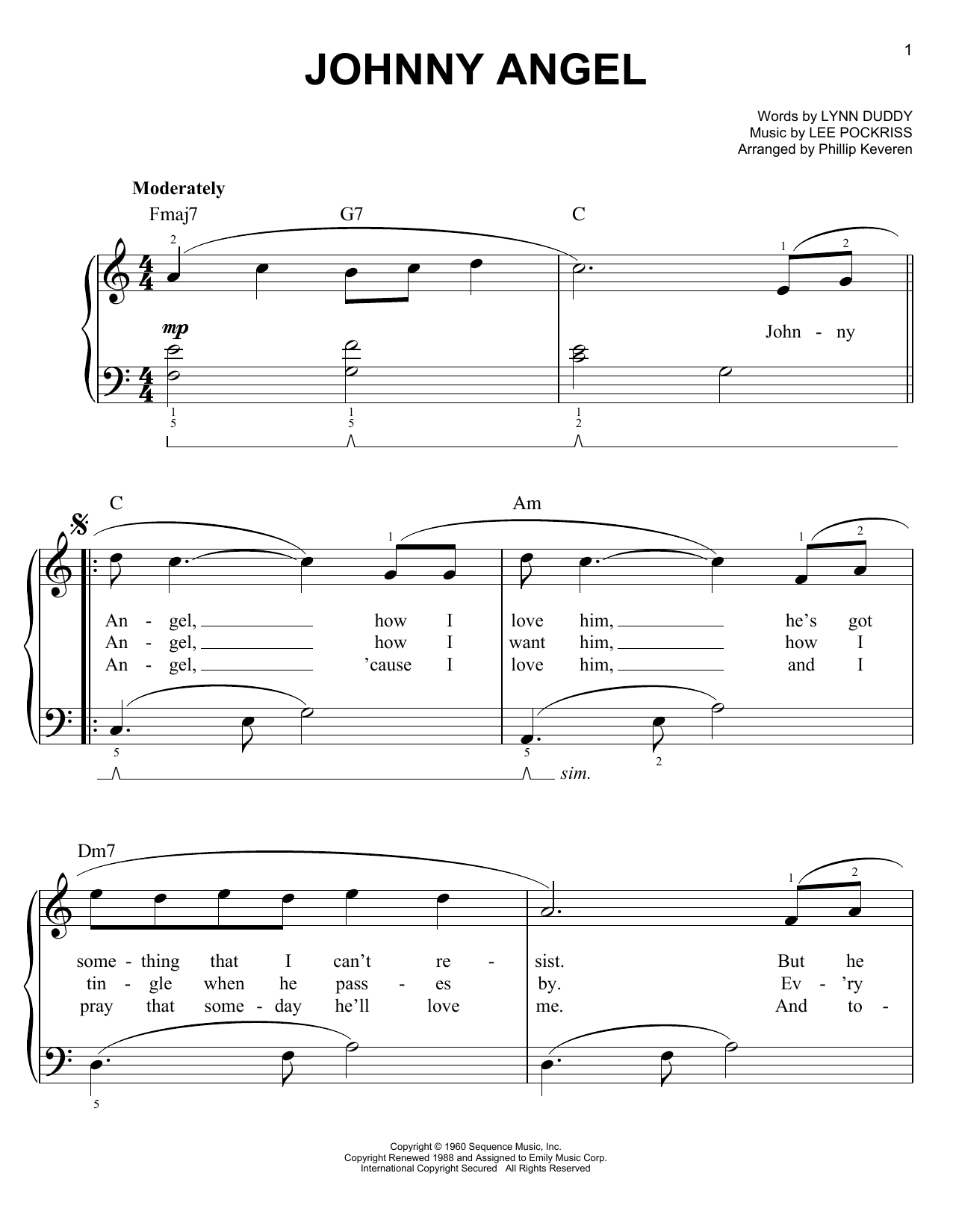 Shelley Fabares Johnny Angel (arr. Phillip Keveren) Sheet Music Notes & Chords for Easy Piano - Download or Print PDF