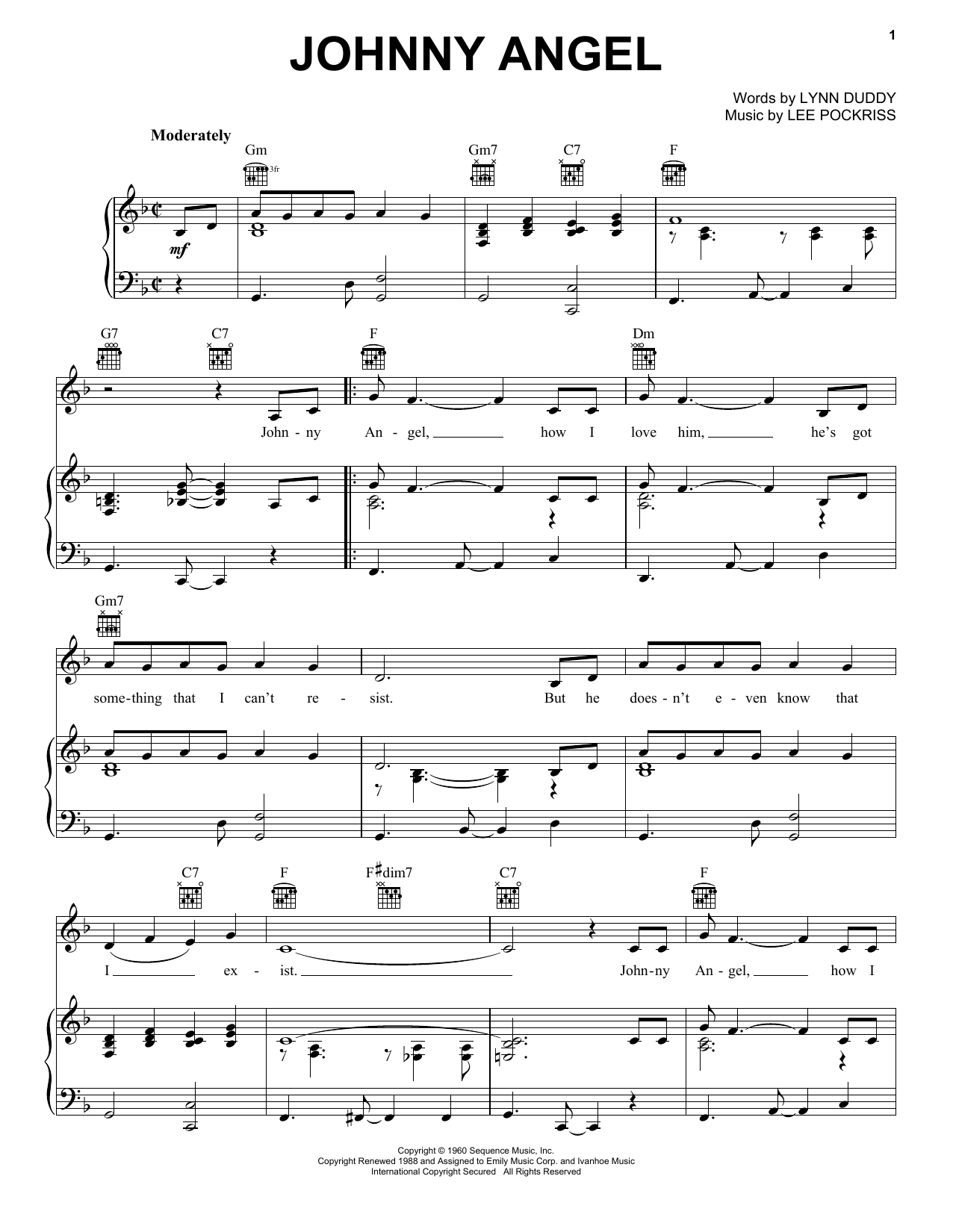 Shelley Fabares Johnny Angel Sheet Music Notes & Chords for Piano, Vocal & Guitar Chords (Right-Hand Melody) - Download or Print PDF