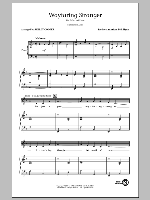 Shelly Cooper Wayfaring Stranger Sheet Music Notes & Chords for 2-Part Choir - Download or Print PDF