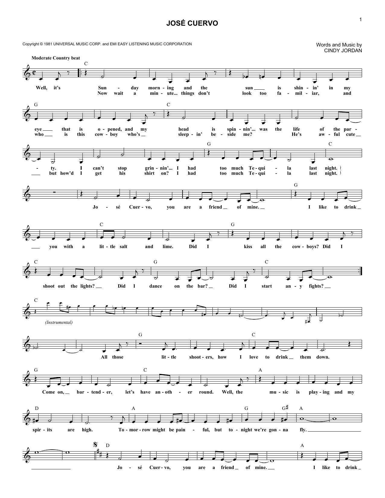 Shelly West Jose Cuervo Sheet Music Notes & Chords for Melody Line, Lyrics & Chords - Download or Print PDF