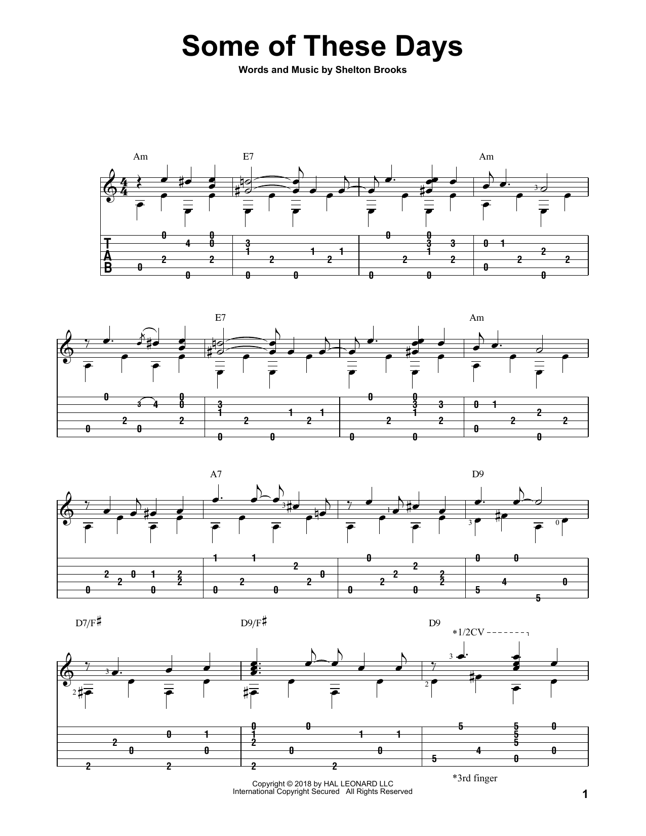Shelton Brooks Some Of These Days Sheet Music Notes & Chords for Solo Guitar - Download or Print PDF