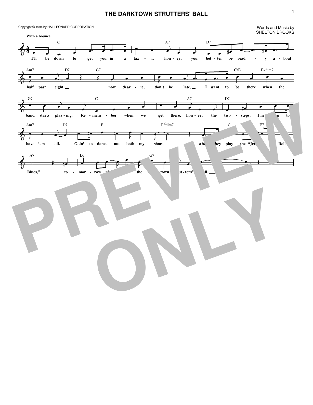 Shelton Brooks The Darktown Strutters' Ball Sheet Music Notes & Chords for Melody Line, Lyrics & Chords - Download or Print PDF