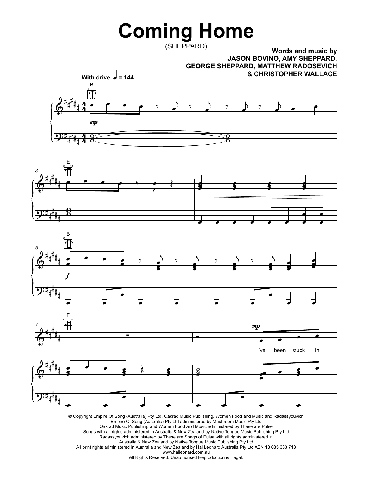 Sheppard Coming Home Sheet Music Notes & Chords for Piano, Vocal & Guitar (Right-Hand Melody) - Download or Print PDF