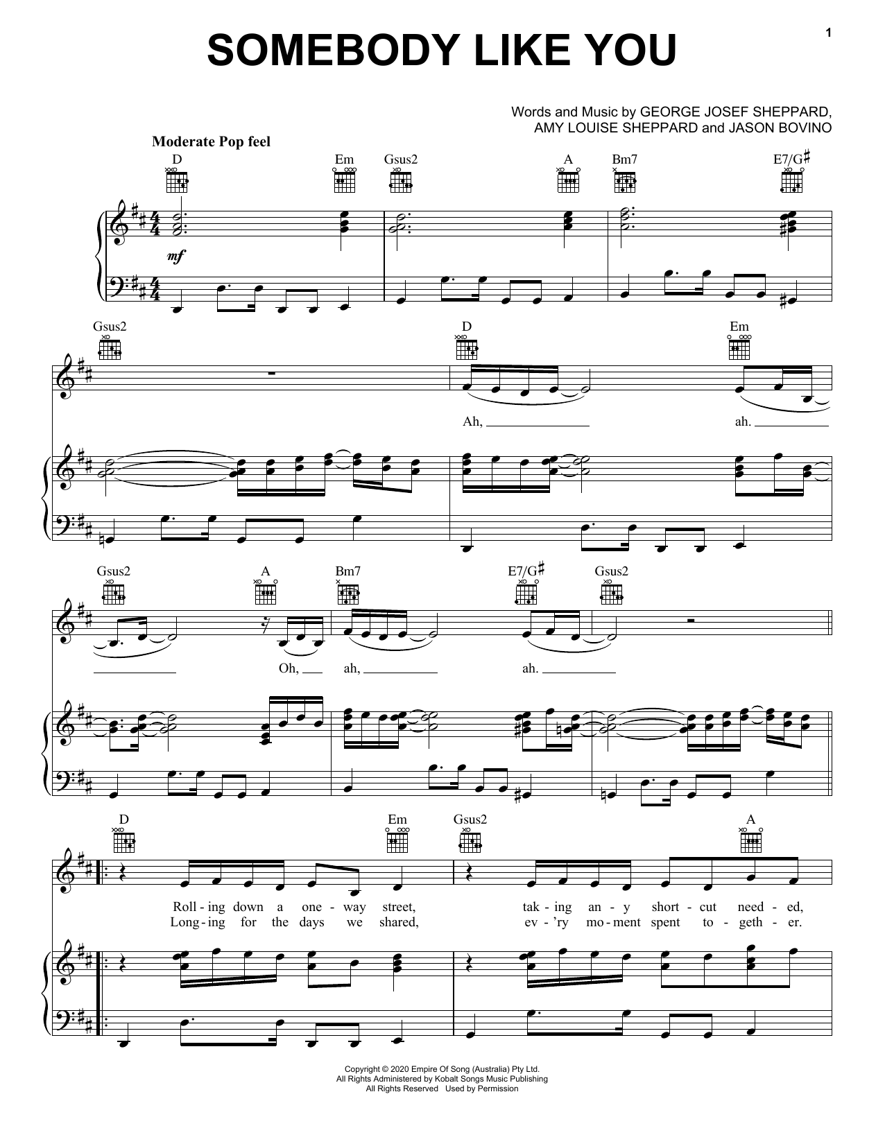 Sheppard Somebody Like You Sheet Music Notes & Chords for Piano, Vocal & Guitar (Right-Hand Melody) - Download or Print PDF