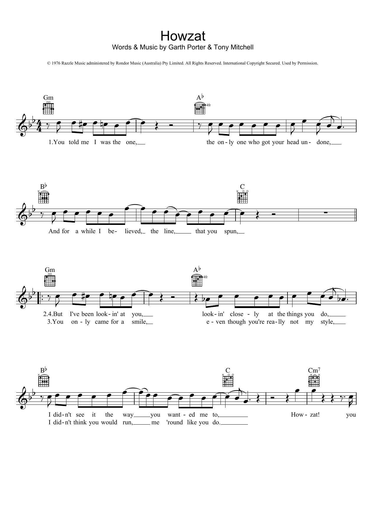 Sherbet Howzat Sheet Music Notes & Chords for Melody Line, Lyrics & Chords - Download or Print PDF
