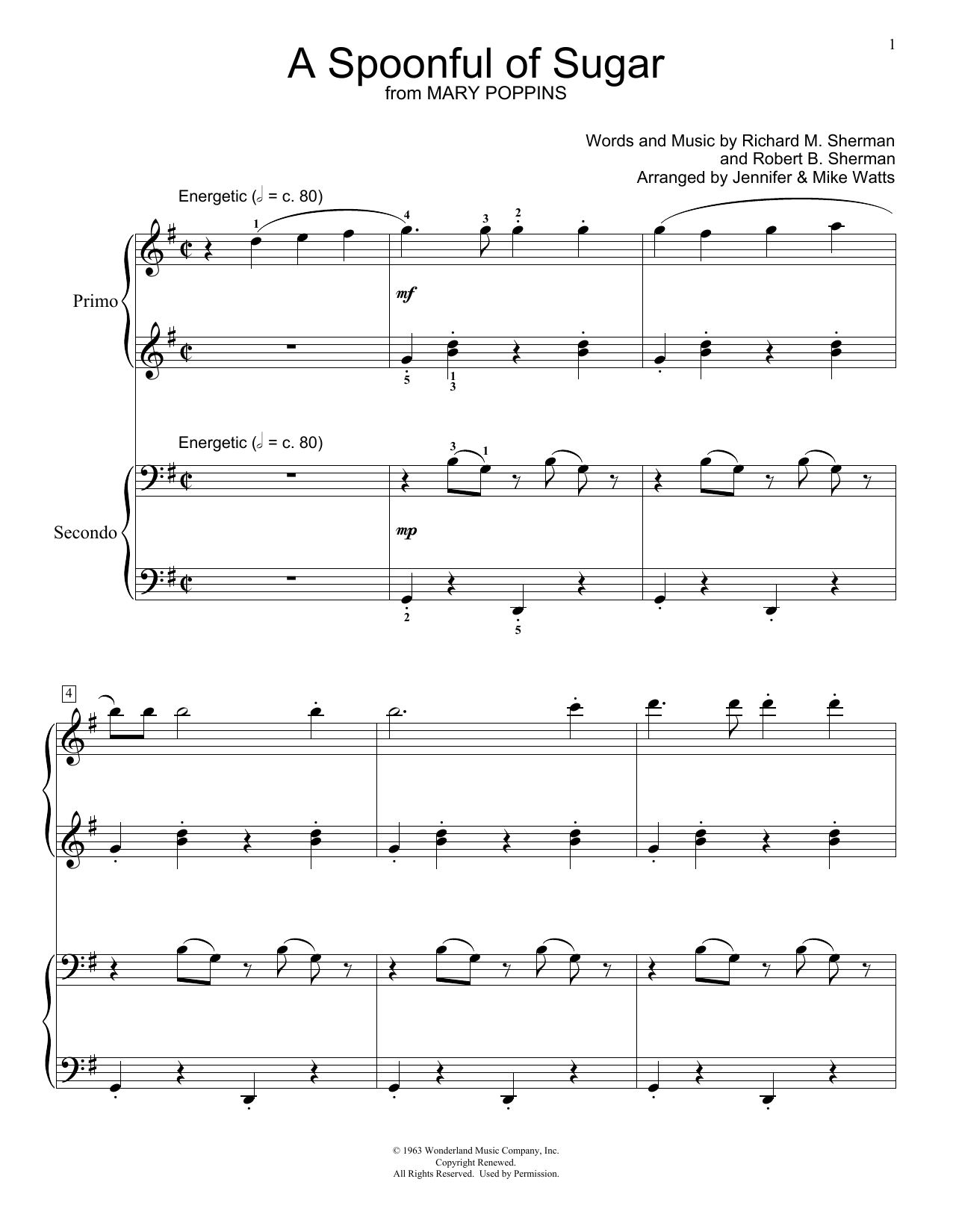Jennifer and Mike Watts A Spoonful Of Sugar Sheet Music Notes & Chords for Piano Duet - Download or Print PDF