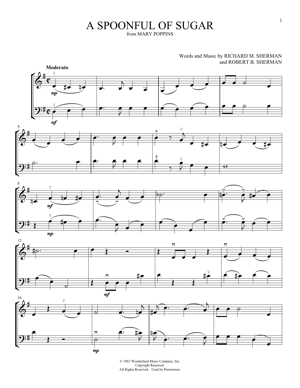 Sherman Brothers A Spoonful Of Sugar (from Mary Poppins) (arr. Michelle Hynson) Sheet Music Notes & Chords for Instrumental Duet - Download or Print PDF