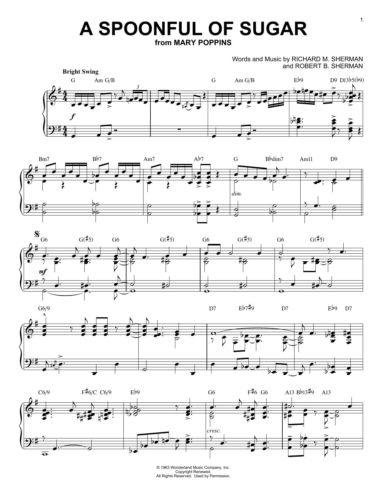 Robert B. Sherman A Spoonful Of Sugar [Jazz version] (from Mary Poppins) Sheet Music Notes & Chords for Piano - Download or Print PDF