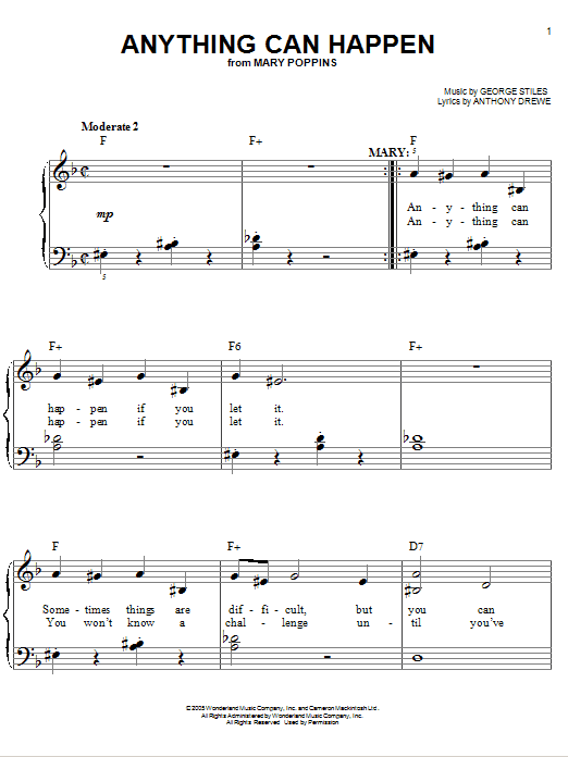 Sherman Brothers Anything Can Happen Sheet Music Notes & Chords for Easy Piano - Download or Print PDF