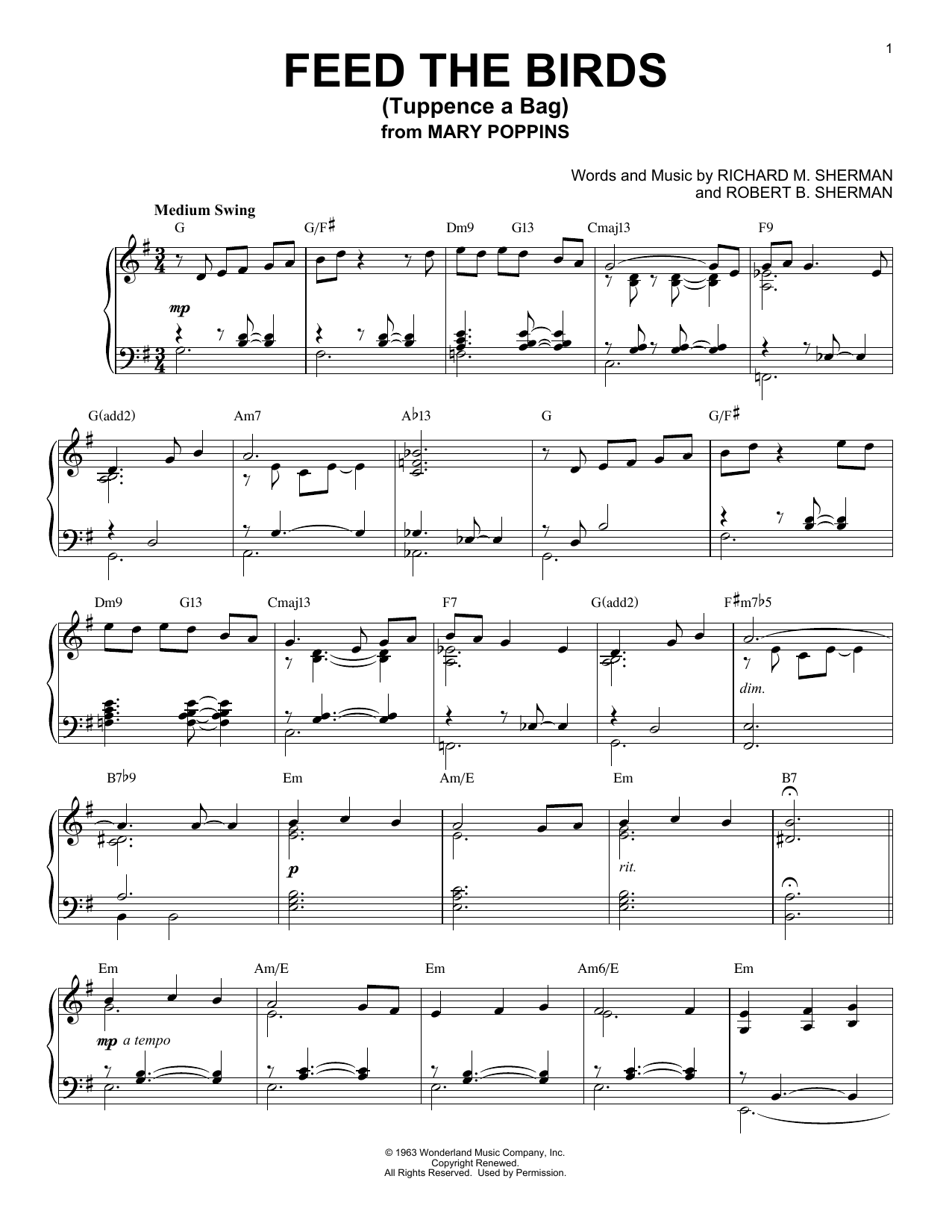 Robert B. Sherman Feed The Birds (Tuppence A Bag) [Jazz version] (from Mary Poppins) Sheet Music Notes & Chords for Piano - Download or Print PDF