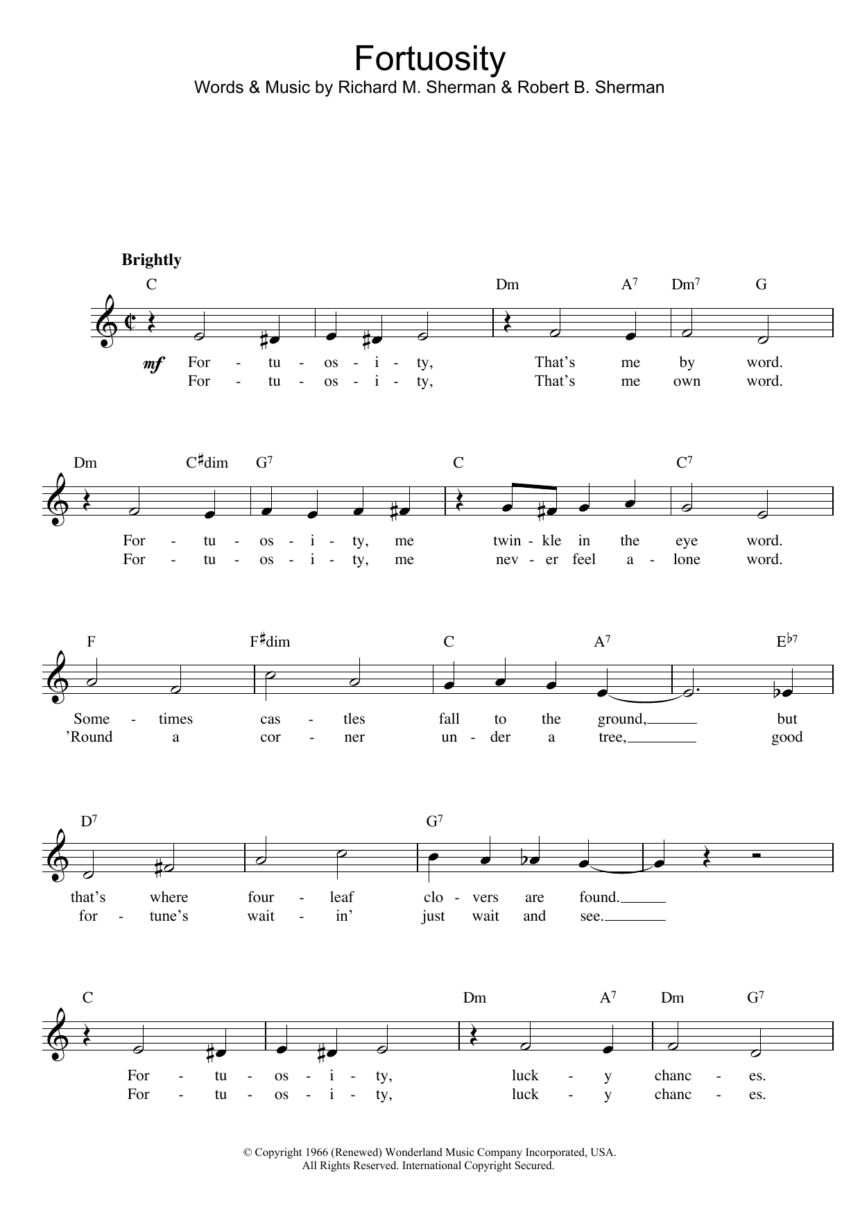 Sherman Brothers Fortuosity Sheet Music Notes & Chords for Melody Line, Lyrics & Chords - Download or Print PDF
