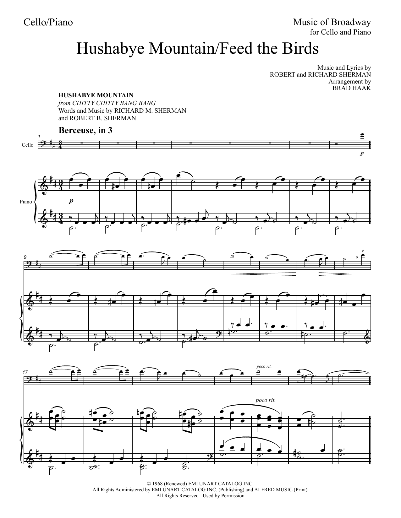 Sherman Brothers Hushabye Mountain / Feed The Birds (Medley) (arr. Brad Haak) Sheet Music Notes & Chords for Cello and Piano - Download or Print PDF