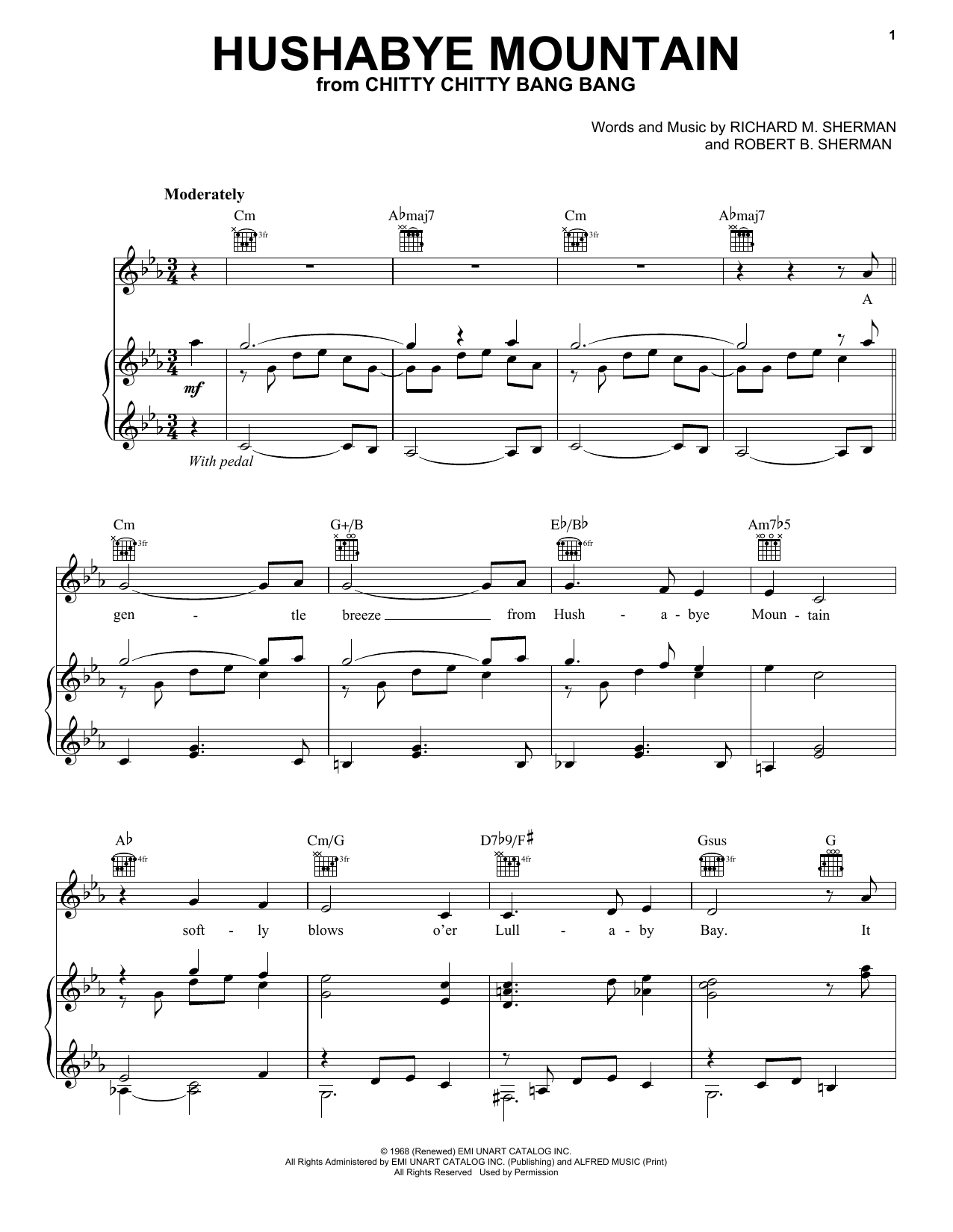 Sherman Brothers Hushabye Mountain (from Chitty Chitty Bang Bang) Sheet Music Notes & Chords for Piano, Vocal & Guitar (Right-Hand Melody) - Download or Print PDF