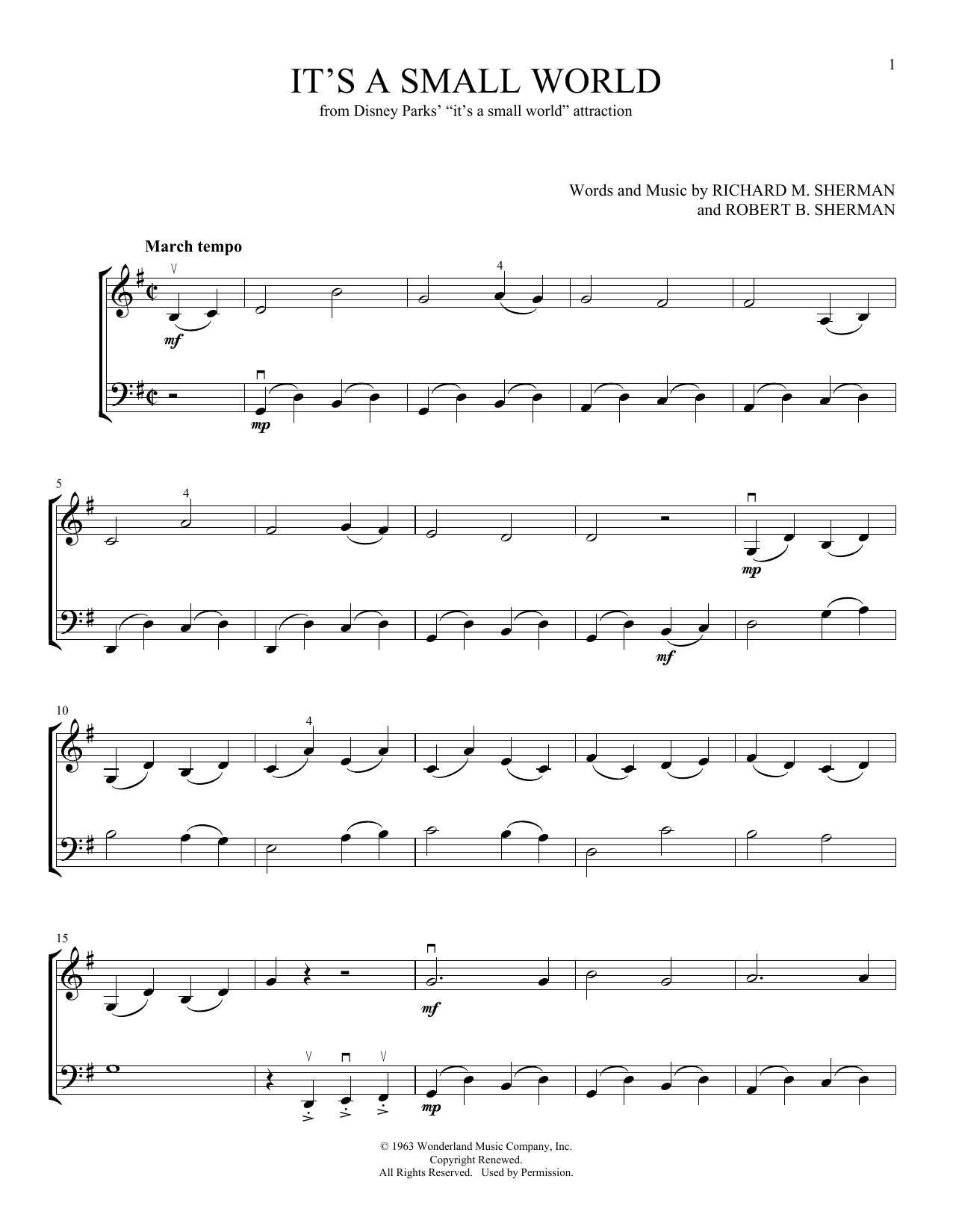 Sherman Brothers It's A Small World (arr. Michelle Hynson) Sheet Music Notes & Chords for Instrumental Duet - Download or Print PDF