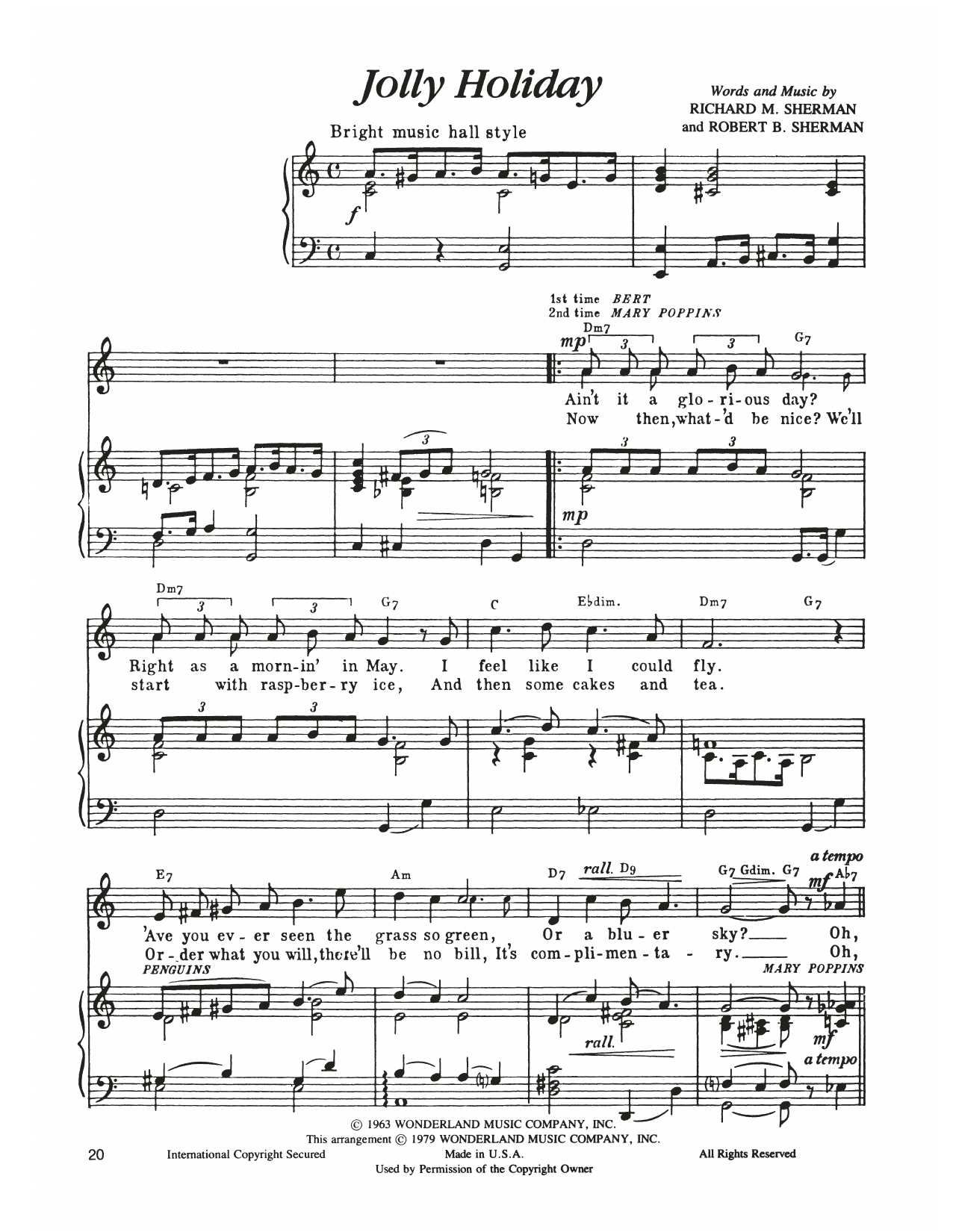 Sherman Brothers Jolly Holiday (from Mary Poppins) Sheet Music Notes & Chords for Piano & Vocal - Download or Print PDF