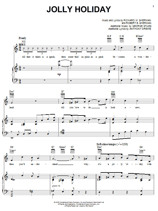 Sherman Brothers Jolly Holiday Sheet Music Notes & Chords for Piano (Big Notes) - Download or Print PDF