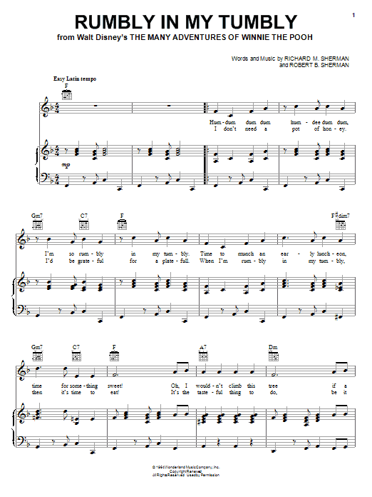 Robert B. Sherman Rumbly In My Tumbly Sheet Music Notes & Chords for Melody Line, Lyrics & Chords - Download or Print PDF
