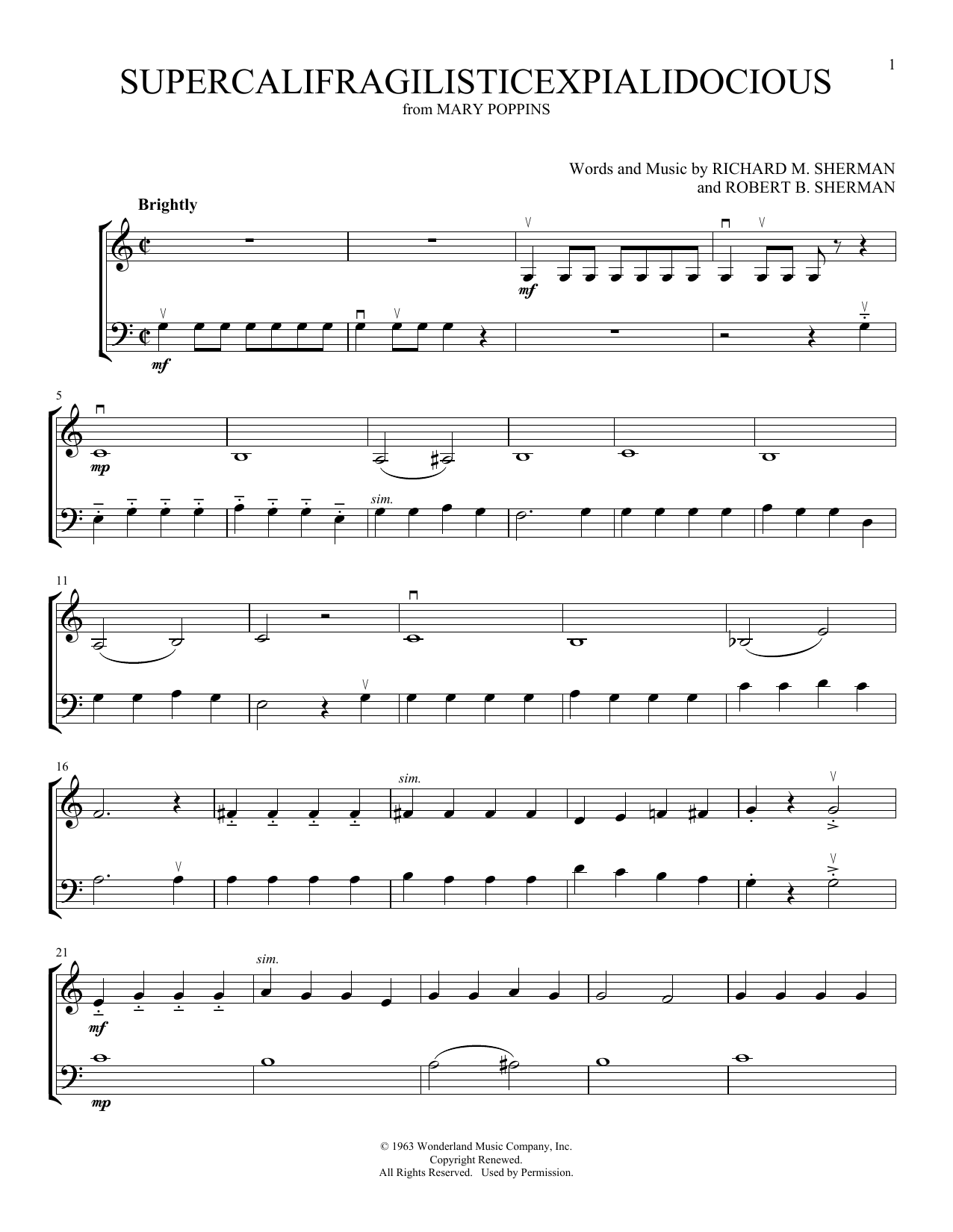 Sherman Brothers Supercalifragilisticexpialidocious (from Mary Poppins) (arr. Michelle Hynson) Sheet Music Notes & Chords for Instrumental Duet - Download or Print PDF