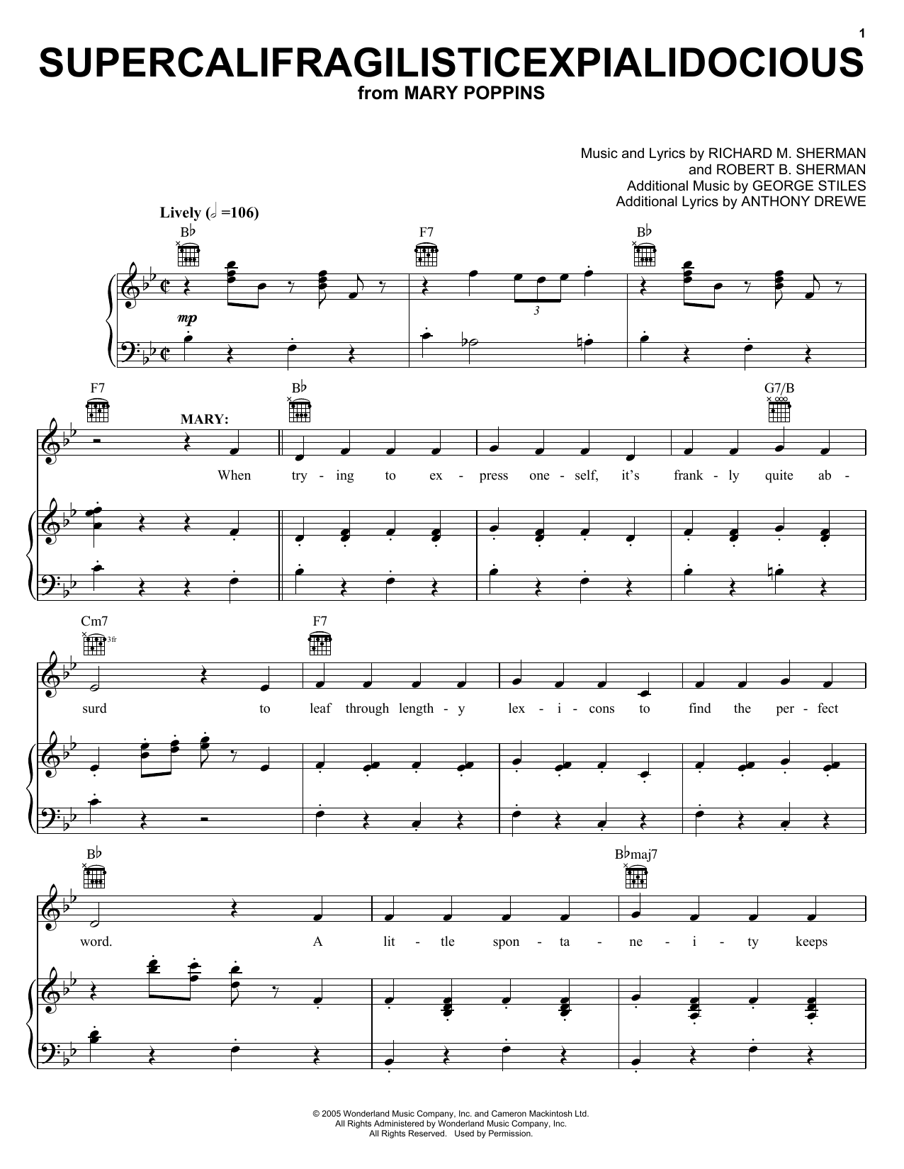 Sherman Brothers Supercalifragilisticexpialidocious (from Mary Poppins) Sheet Music Notes & Chords for Lead Sheet / Fake Book - Download or Print PDF