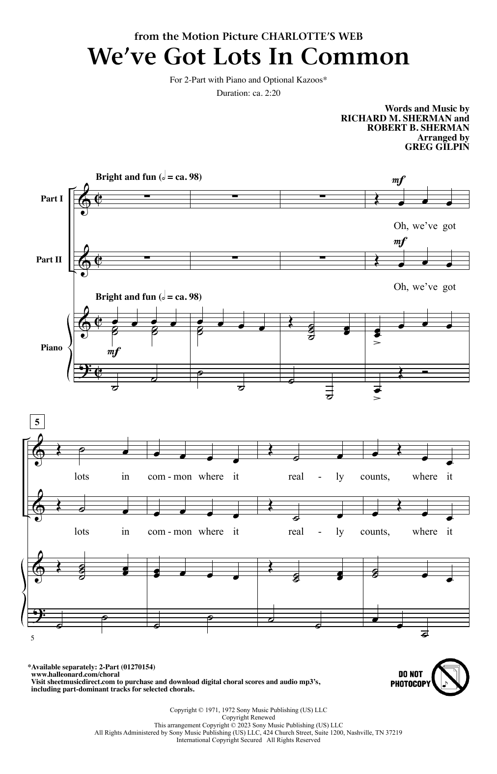 Sherman Brothers We've Got Lots In Common (from Charlotte's Web) (arr. Greg Gilpin) Sheet Music Notes & Chords for 2-Part Choir - Download or Print PDF