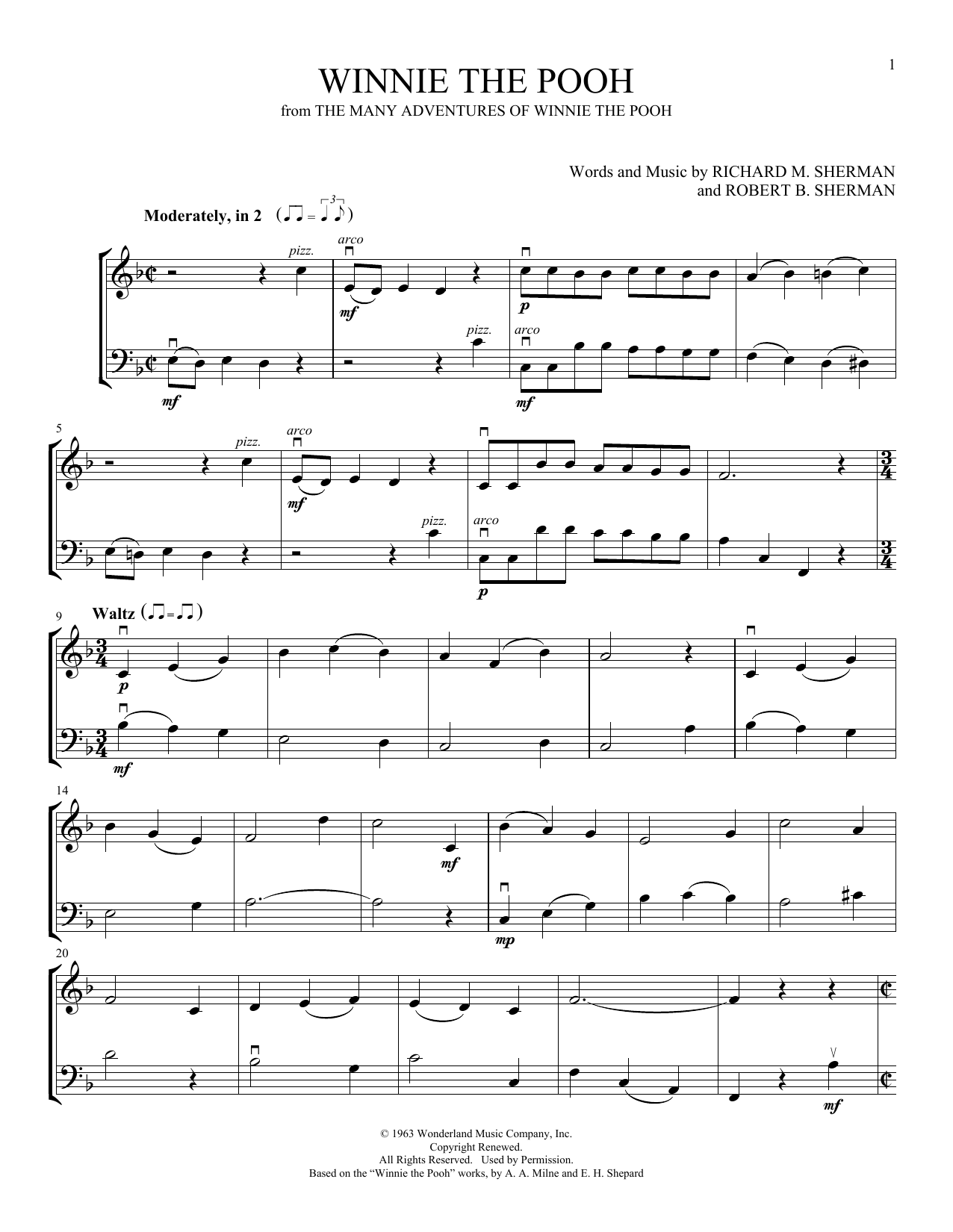 Sherman Brothers Winnie The Pooh (arr. Michelle Hynson) Sheet Music Notes & Chords for Instrumental Duet - Download or Print PDF