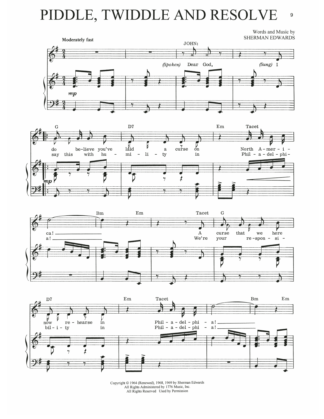 Sherman Edwards Piddle, Twiddle And Resolve (from 1776) Sheet Music Notes & Chords for Piano, Vocal & Guitar Chords (Right-Hand Melody) - Download or Print PDF
