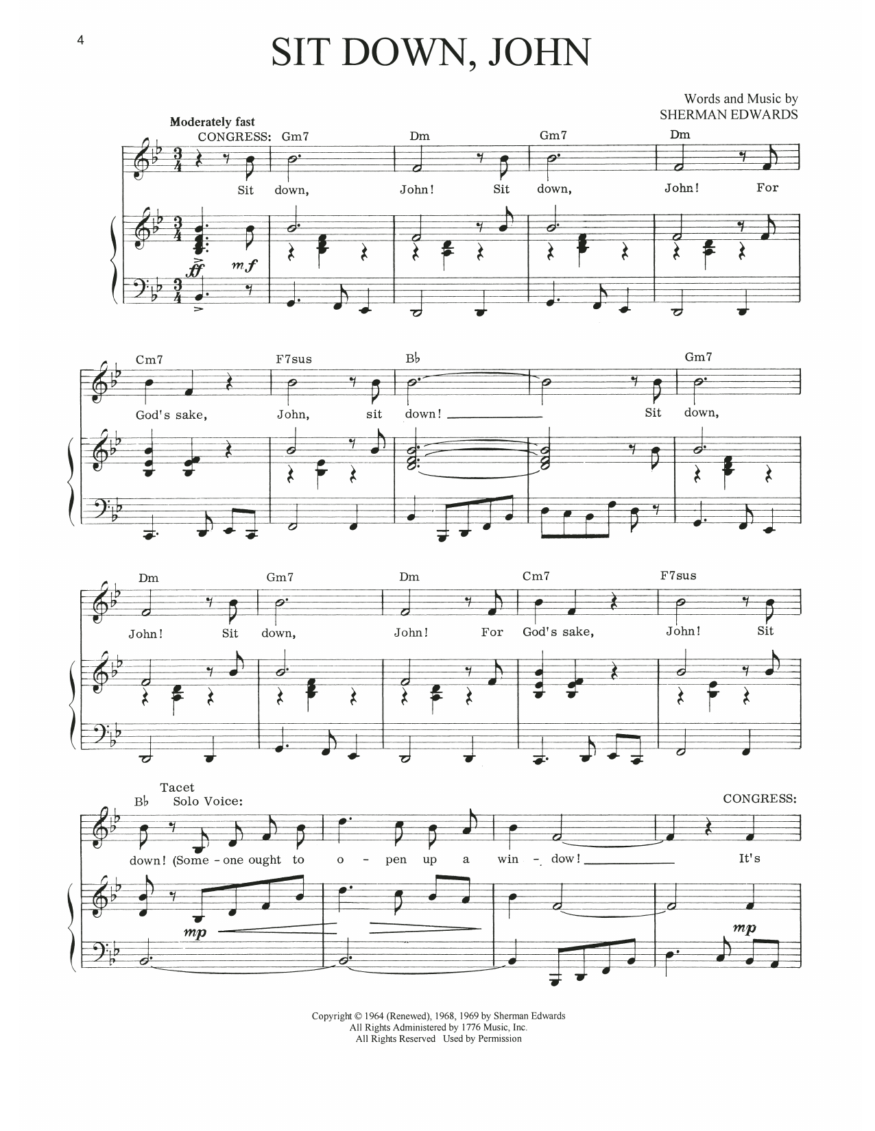 Sherman Edwards Sit Down, John (from 1776) Sheet Music Notes & Chords for Piano, Vocal & Guitar Chords (Right-Hand Melody) - Download or Print PDF