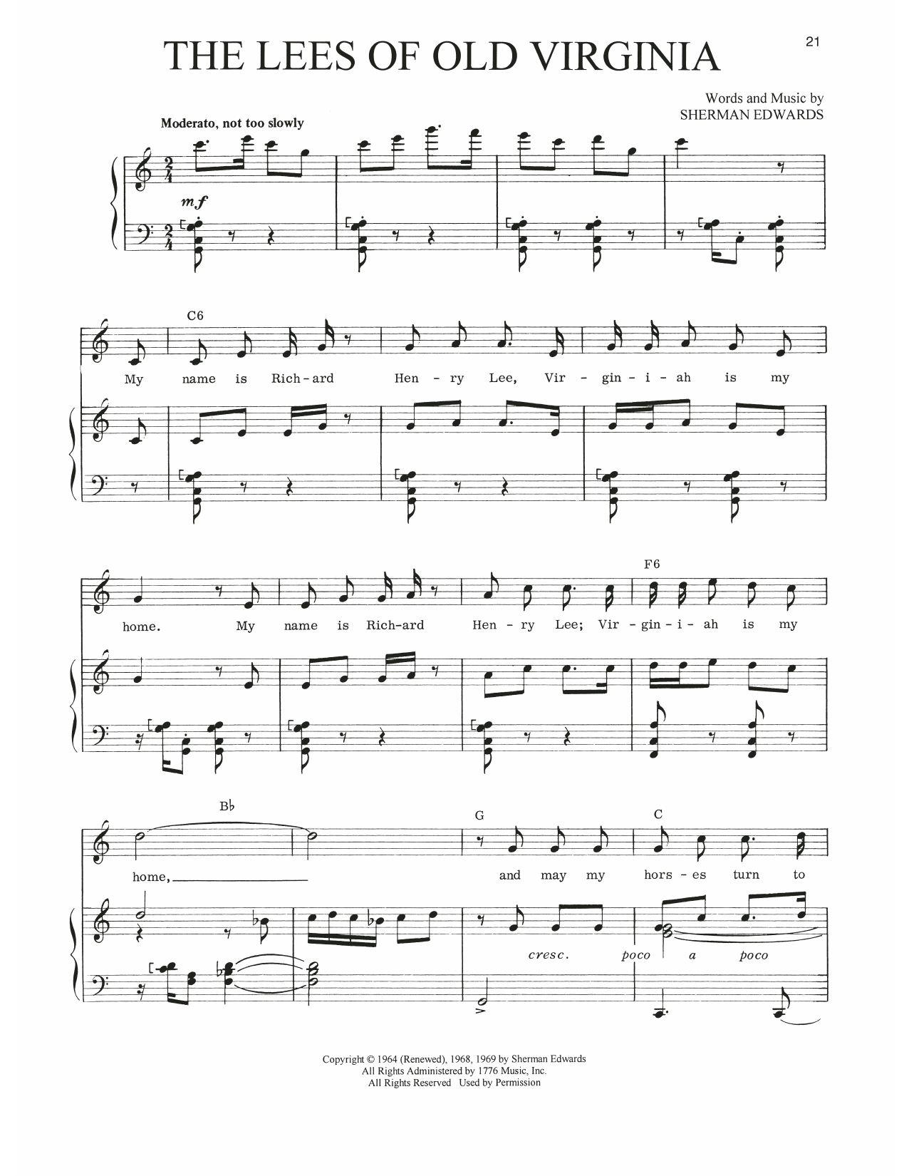 Sherman Edwards The Lees Of Old Virginia (from 1776) Sheet Music Notes & Chords for Piano, Vocal & Guitar Chords (Right-Hand Melody) - Download or Print PDF