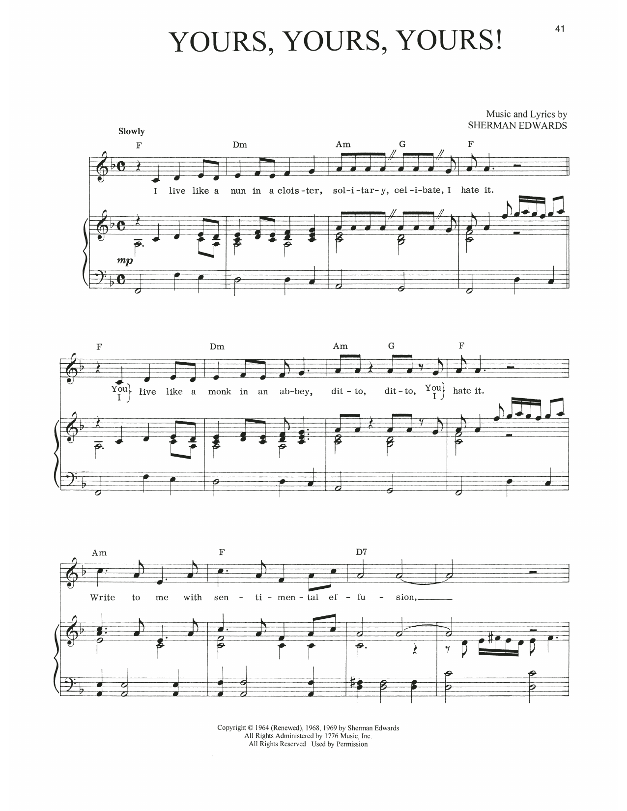 Sherman Edwards Yours, Yours, Yours! (from 1776) Sheet Music Notes & Chords for Piano, Vocal & Guitar Chords (Right-Hand Melody) - Download or Print PDF