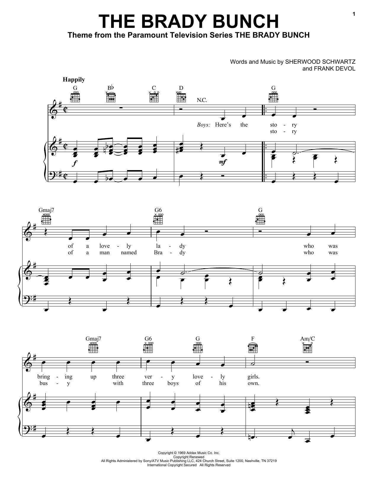 Sherwood Schwartz The Brady Bunch Sheet Music Notes & Chords for Piano - Download or Print PDF
