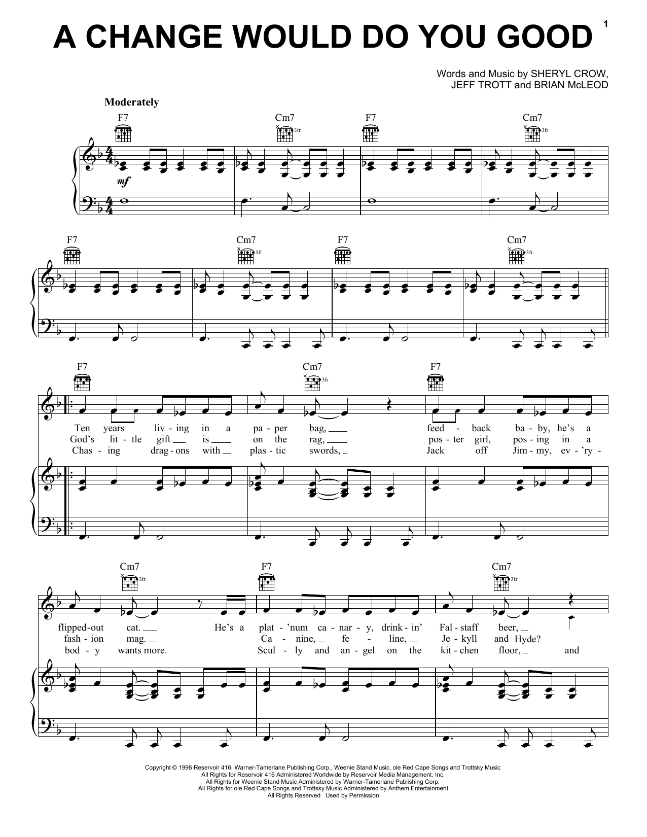 Sheryl Crow A Change Would Do You Good Sheet Music Notes & Chords for Piano, Vocal & Guitar (Right-Hand Melody) - Download or Print PDF