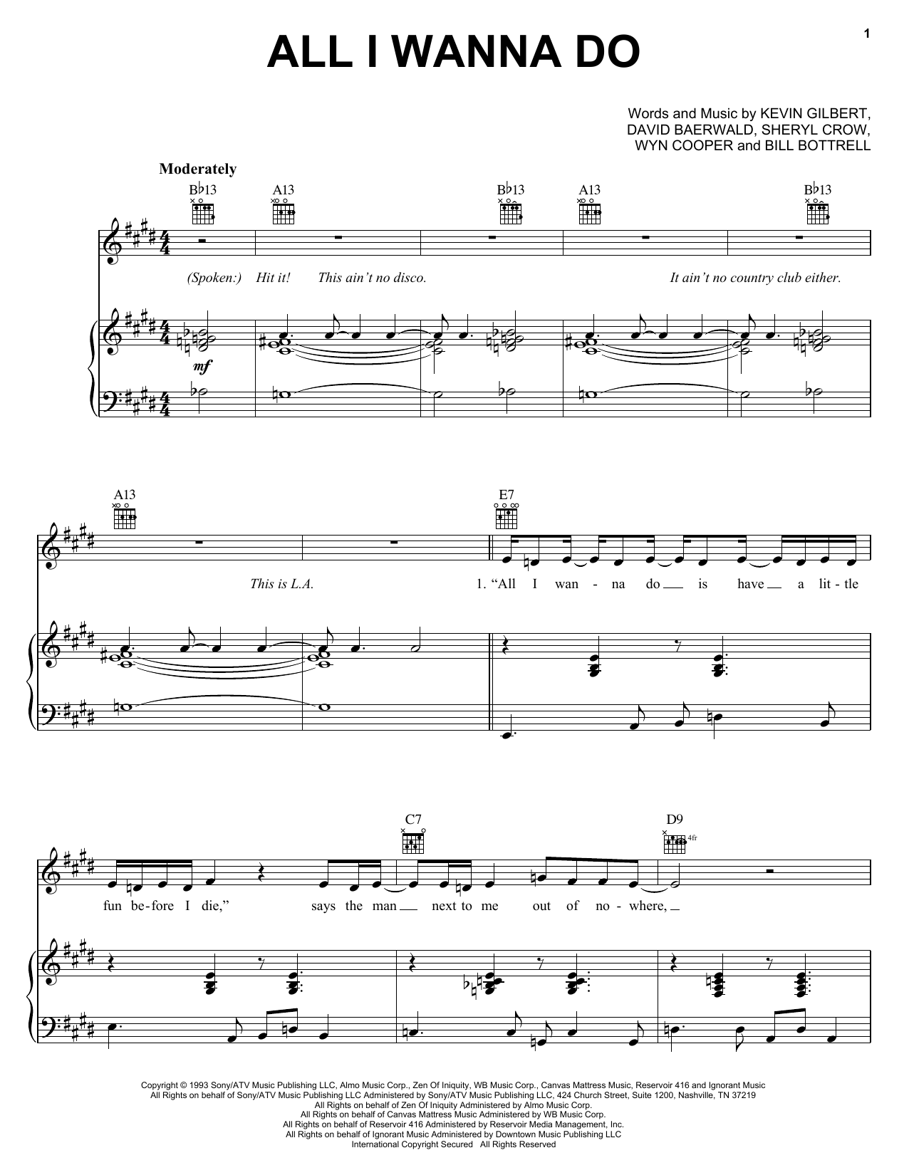 Sheryl Crow All I Wanna Do Sheet Music Notes & Chords for Lyrics & Chords - Download or Print PDF