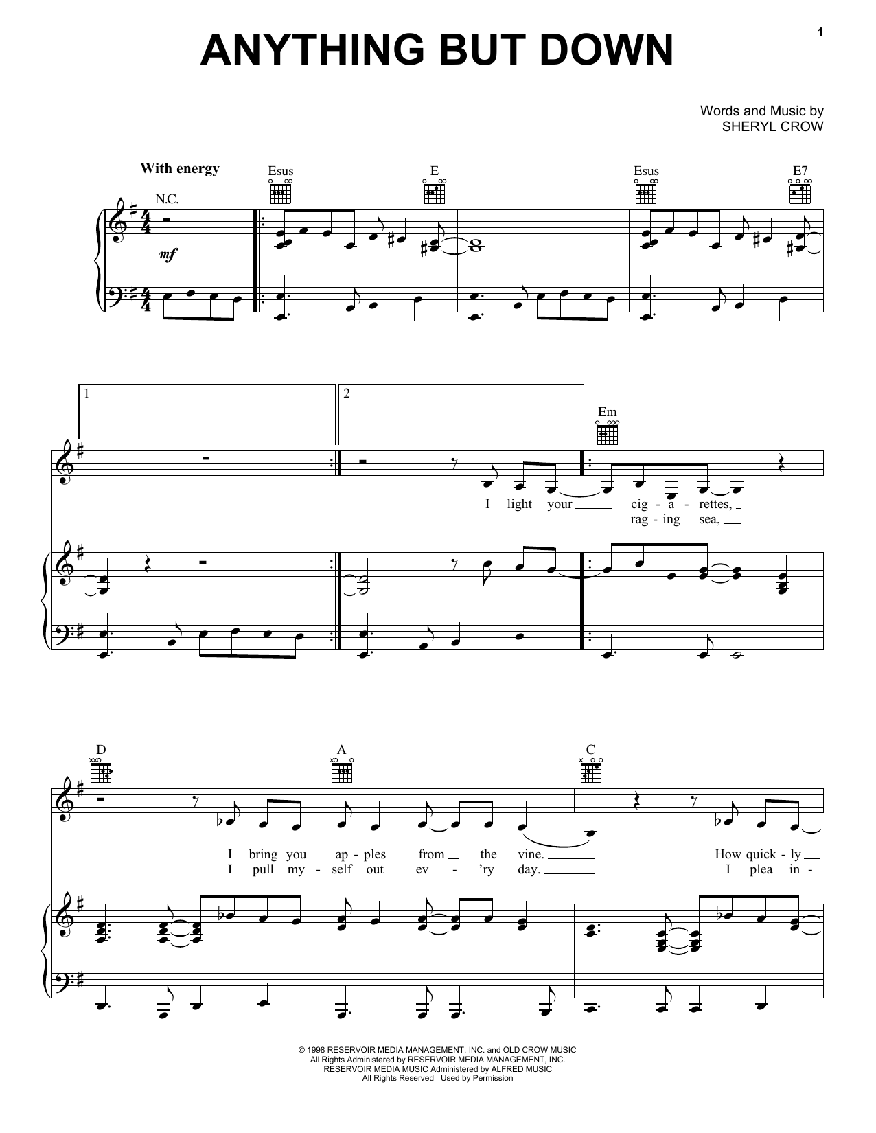 Sheryl Crow Anything But Down Sheet Music Notes & Chords for Piano, Vocal & Guitar (Right-Hand Melody) - Download or Print PDF
