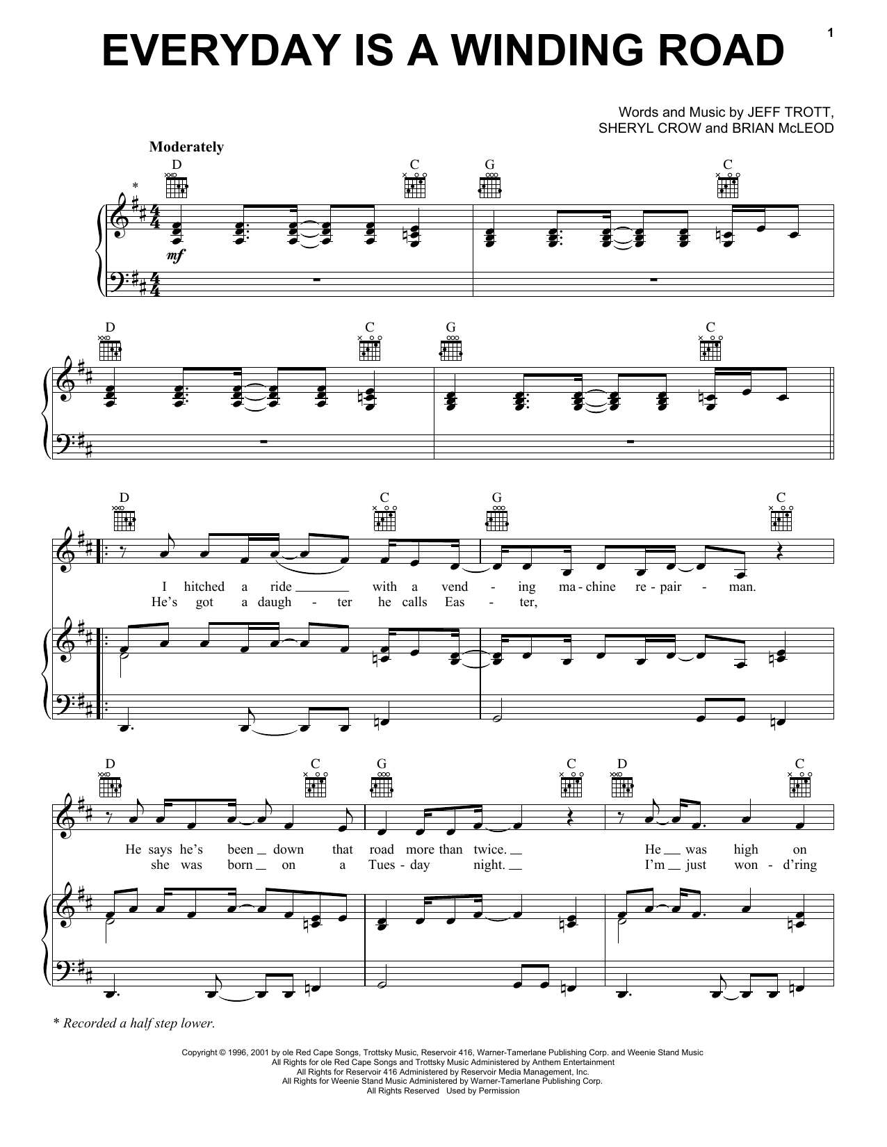 Sheryl Crow Everyday Is A Winding Road Sheet Music Notes & Chords for Piano, Vocal & Guitar (Right-Hand Melody) - Download or Print PDF