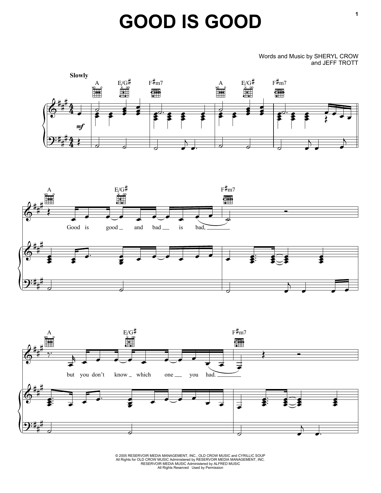 Sheryl Crow Good Is Good Sheet Music Notes & Chords for Piano, Vocal & Guitar (Right-Hand Melody) - Download or Print PDF