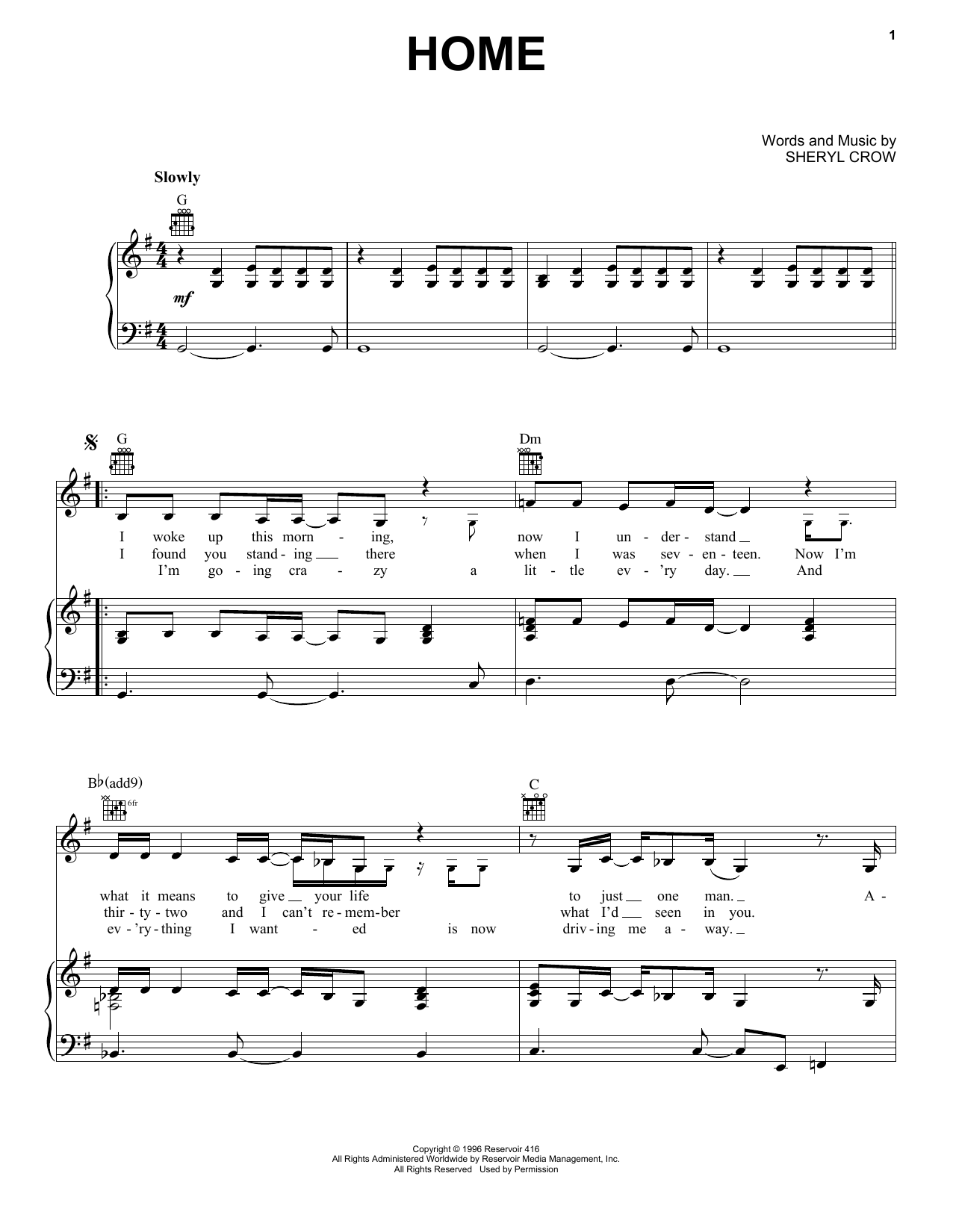 Sheryl Crow Home Sheet Music Notes & Chords for Piano, Vocal & Guitar (Right-Hand Melody) - Download or Print PDF