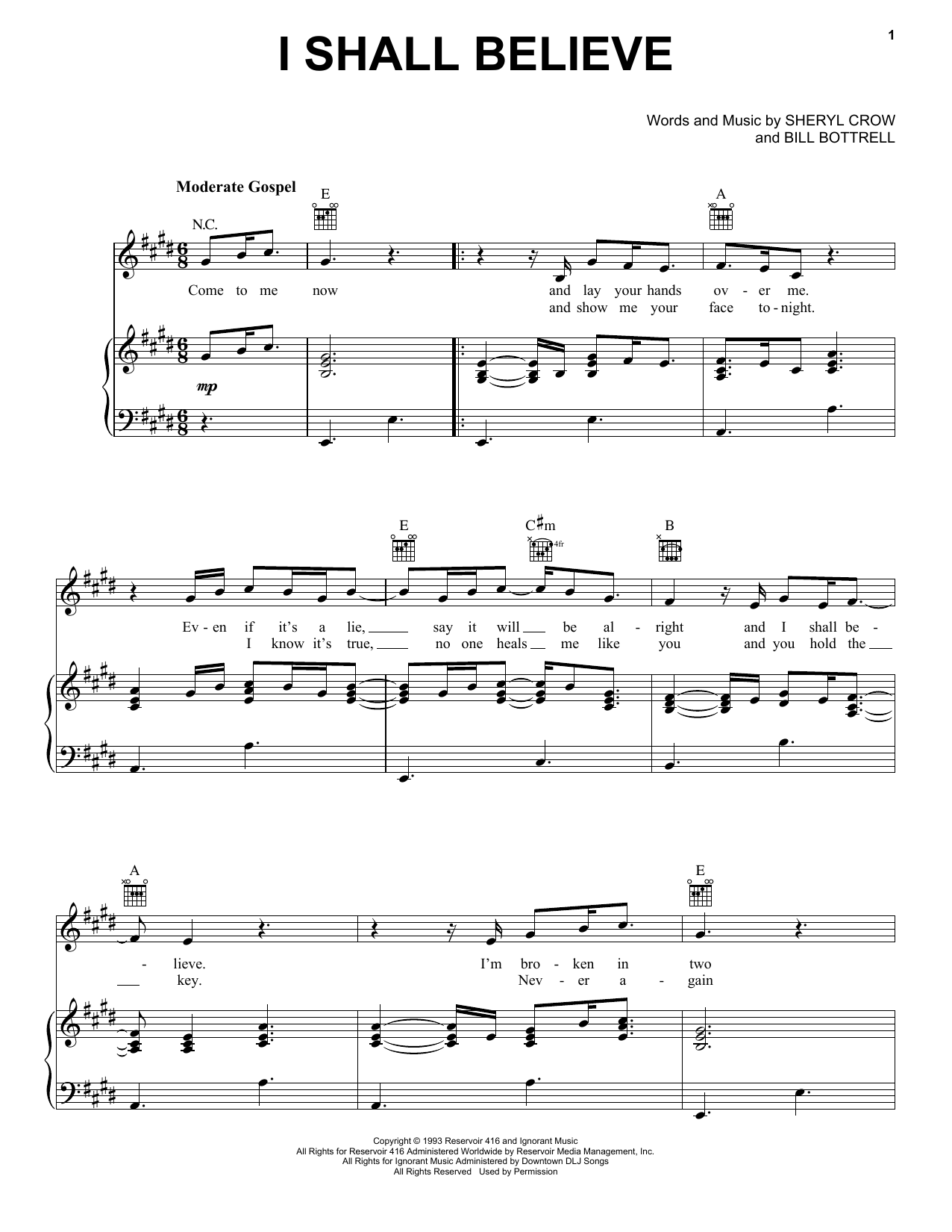Sheryl Crow I Shall Believe Sheet Music Notes & Chords for Piano, Vocal & Guitar (Right-Hand Melody) - Download or Print PDF
