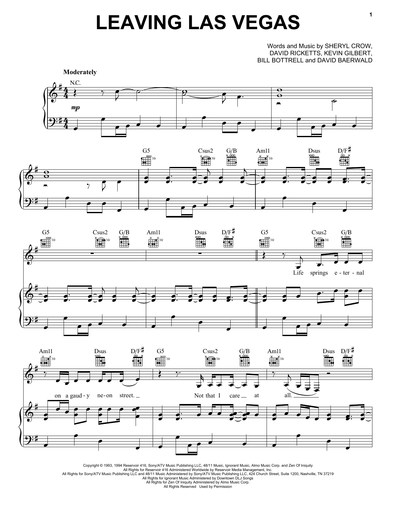 Sheryl Crow Leaving Las Vegas Sheet Music Notes & Chords for Piano, Vocal & Guitar (Right-Hand Melody) - Download or Print PDF