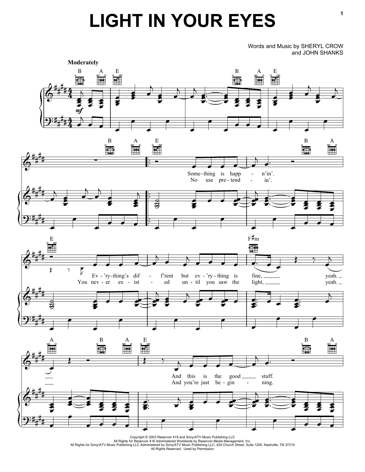 Sheryl Crow Light In Your Eyes Sheet Music Notes & Chords for Piano, Vocal & Guitar (Right-Hand Melody) - Download or Print PDF