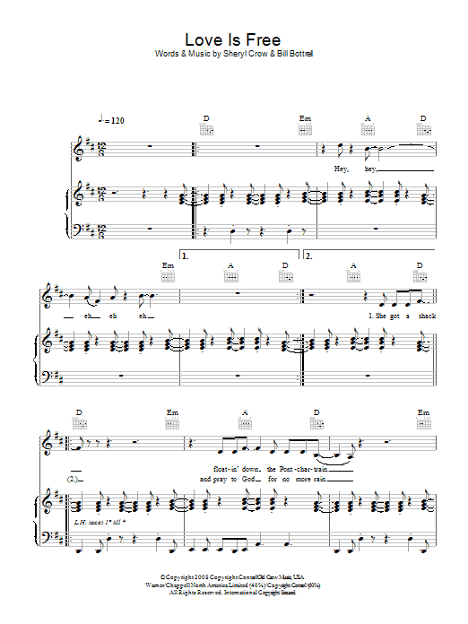 Sheryl Crow Love Is Free Sheet Music Notes & Chords for Piano, Vocal & Guitar - Download or Print PDF
