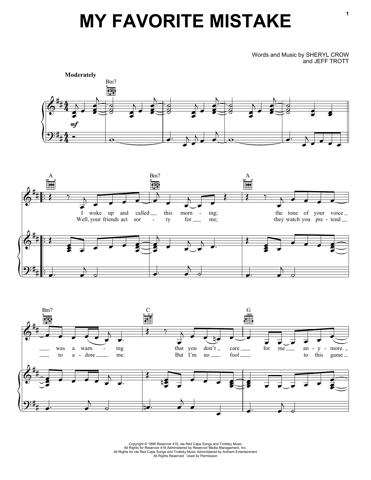 Sheryl Crow My Favorite Mistake Sheet Music Notes & Chords for Piano, Vocal & Guitar (Right-Hand Melody) - Download or Print PDF